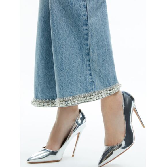 Alice + Olivia Women's Rockstar Blue Ora High Rise Embellished Jeans Size 24 - Picture 15 of 15